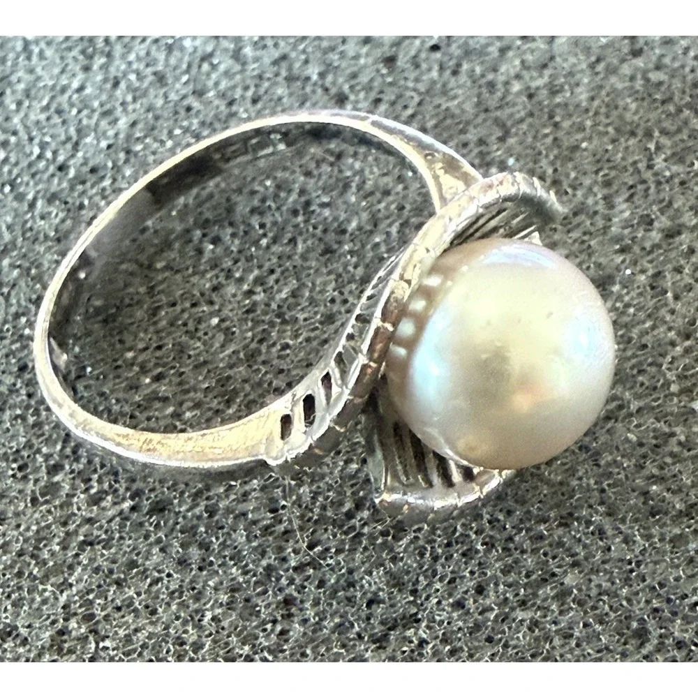 Vintage 925 Sterling Silver Clam Shell Pearl Ring Mid Century Fluted Bypass